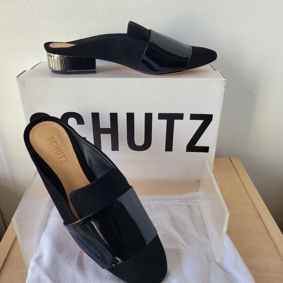 NWT - SCHUTZ Women’s Black Patent Suede Slide On Block Heel Mule (Size: 6½ B) - Picture 7 of 12
